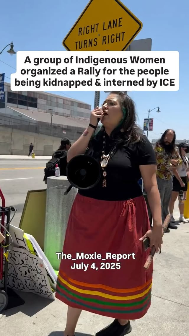 Yesterday a group of Indigenous Women from @ice_out_ofla organized a Rally & Native Prayer Vigil for the people being kidnapped & interned by ICE, at the Downtown Los Angeles Federal Building. The Indigenous women danced & prayed for the detainees, protestors & for all people who are suffering right now. Representatives from the Gabrielilno Tribe of Los Angeles came to demand ICE leave LA & California immediately. The energy of the day shifted when the LAPD came in force. One moment people were dancing, smiling and happy. And the next, dozens of Marines come running out in riot gear and then they lined up in formation with ICE agents. Against the American People. In the face of tyranny, the Indigenous Women kept dancing, drumming and praying. But they were later kettled and dispersed. The man unlawfully arrested is a member of the Aztec community of LA. By all accounts the man didn’t do anything to deserve to be arrested, much less violently arrested. Footage of Arrest from @lataco #la #indigenous #chicano #angeleno #mexica #calilife #lafashion #tongva #gabrielino #dtla #downtownla #xicano #brownandproud by @ice_out_ofla
