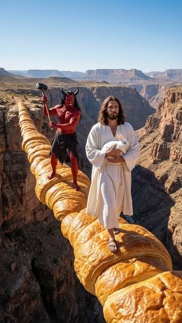 Faith Makes a Way, Evil Falls Away ✝️😈
Jesus caminha com um coelho por um caminho de pão sobre o abismo.
O diabo tenta destruir o caminho para fazê-lo cair.
Mas Jesus continua andando no ar com fé.
No final, o mal cai no abismo.
A fé sempre vence.
#jesus 
#amen 
#féemdeus 
#deuséfiel 
#jesuschrist