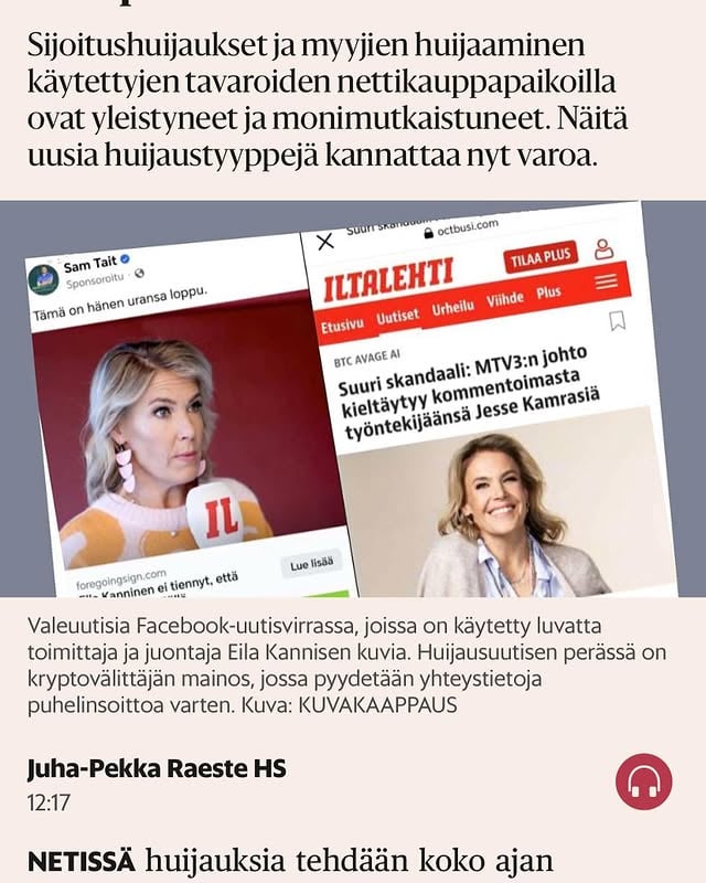 https://www.hs.fi/talous/art-2000010018952.html Näistä somessa liikkuvista huijausviesteistä, joista olen saanut teiltä kymmeniä viestejä on nyt juttu @helsinginsanomat Hienoa @jpraeste että kirjoitit aiheesta, koska valitettavan moni on haksahtanut näihin ”minunkin suosittelemiini” sijoitusvinkkeihin. Olkaa varovaisia!!Jutussa esimerkkejä erilaisista tietojenkalasteluhuijauksista. by @ellakanninen