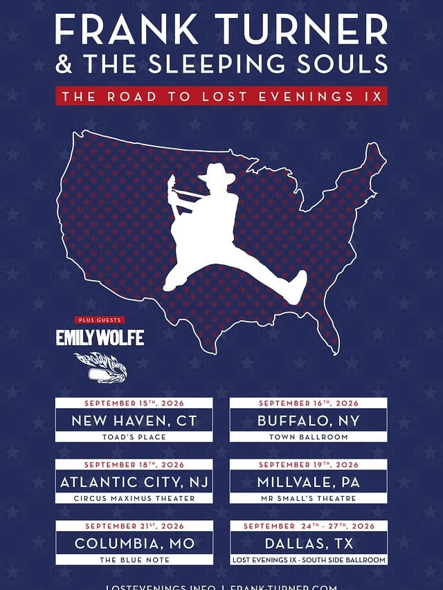 What’s up friends! As is tradition, I’ll be warming up for @losteveningsfest 9 with some special shows. Hitting New Haven, Buffalo, Atlantic City, Pittsburgh and Columbia MO on the way to Dallas. Special guests for the shows will be @emilywolfemusic and @blackguyfawkes I’m stoked. Are you stoked? You should be. Tickets on sale 10am Friday. by @frankturner