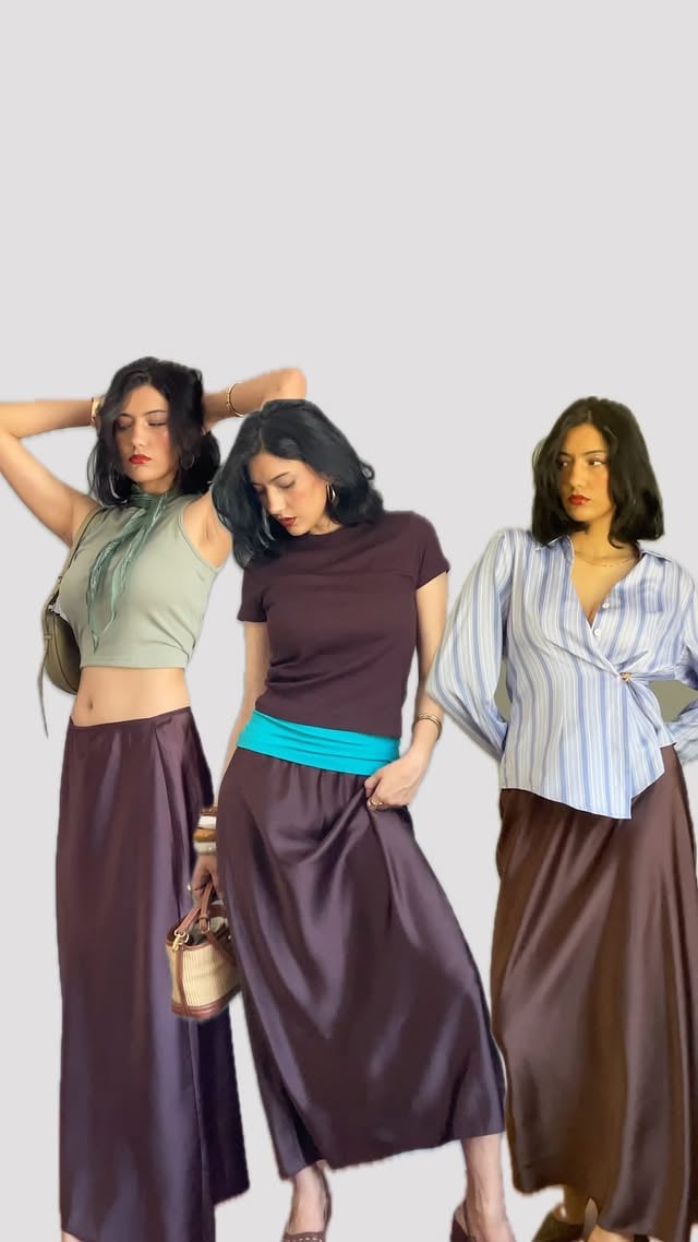This skirt somehow works for every vibe. Look 1 —an oversized striped shirt to give the skirt a more polished, classy vibe.Look 2 — a basic fitted tee with a pop of turquoise at the waist to break the monotony and make the outfit stand out instantly.Look 3 — soft colours and a scarf detail for a very effortless feminine look. #ootd #styling #outfitinspo #fyp by @raveena0706