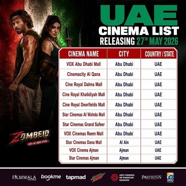 GCC, get ready… the zombies are coming.Zombeid is taking over cinemas from 27th May 2026 across UAE 🇦🇪 KSA 🇸🇦Qatar 🇶🇦 Oman 🇴🇲 and Bahrain 🇧🇭Swipe through to find your nearest cinema, tag your movie gang, and book your seats before the chaos begins.This Eid, it’s not just a movie…it’s a full zombie madness experience on the big screen.Book now. Survive later.#Zombeid #ReleasingTomorrow #GCCRelease #UAE #KSA Qatar Oman Bahrain ZombieMadness BookYourSeatsNow InCinemas FilmwalaPictures by @mustafafahad26