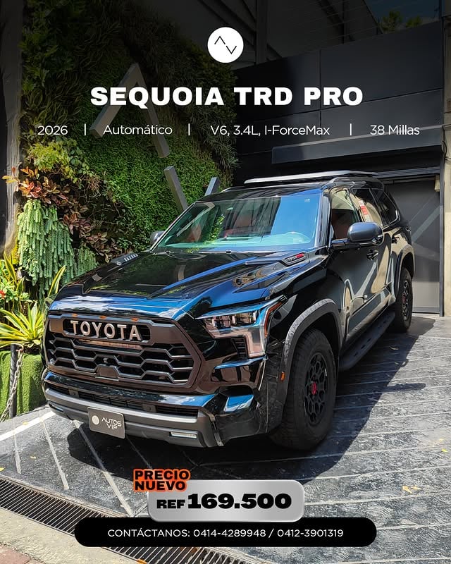 ¡Precio nuevo!➡️ Toyota Sequoia TRD Pro 2026 - REF 169.500✅ Disponible en #AutosVIPEsta #Sequoia es la camioneta definitiva para quienes buscan el máximo nivel de lujo de Toyota, un espacio excepcional para la familia y un desempeño híbrido de última generación que impone presencia donde quiera que vaya.✔️ Motor: V6 3.4L Biturbo Híbrido i-Force Max ⚙️ Transmisión: Automático ⛽ Combustible: Gasolina 🎨 Color: Negro 🌎 Procedencia: Estados Unidos📲 Escríbenos por DM o WhatsApp (0412-3281074) para más información. #ElevaTusExpectativas#AVIPSequoia by @autosvip