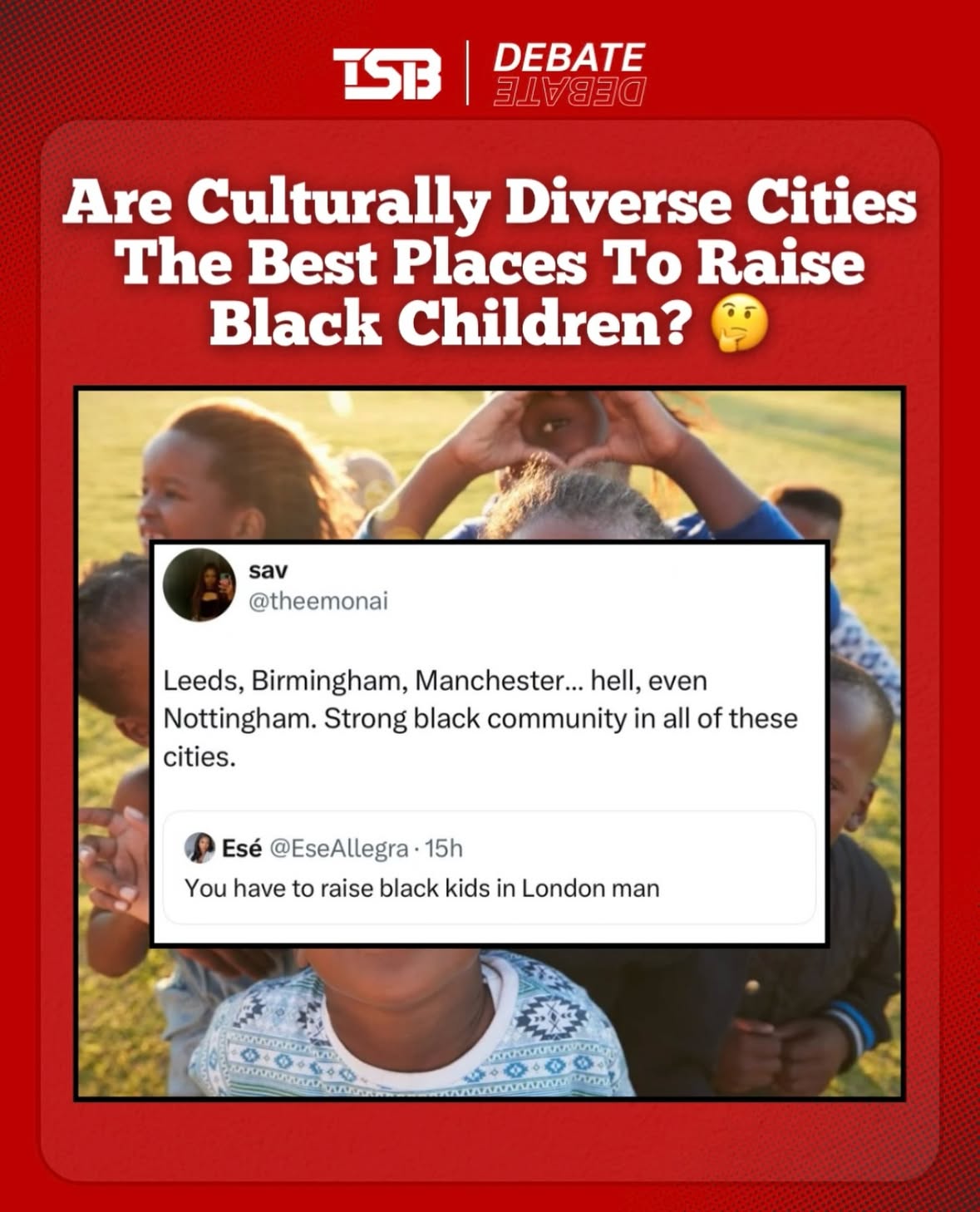 As families leave major cities for more affordable areas, questions remain about the role diversity plays in a child’s upbringing.

For Black children, does growing up in a diverse city help shape identity, confidence and belonging? 🤔
#TSB #TSBTalks