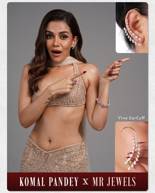Where couture meets sparkle ✨The Vine EarCuff is bold, sculptural, and made to steal the spotlight.A statement piece for nights when subtle simply won’t do. 💎@komalpandeyofficial Shop the look at MRJewels.in#MRJewels #VineEarCuff #EarCuff #StatementJewellery #LuxuryJewellery #FashionJewellery #EditorialStyle #GlamLook #PartyJewellery #ModernJewellery #JewelleryLover #StyleStatement by @mrjewels100