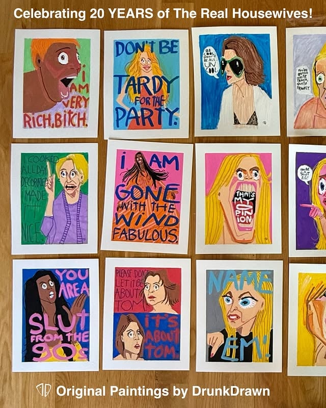HEY HEY HEY! HOW ARE MY BEST GIRLFRIENDS?! It’s been 20 YEARS of The Real Housewives! Can you believe? You old minx, you! 😜 To celebrate I have been working on a series of paintings (watercolor, acrylic and ink on 8.5x11 140lb cold press watercolor paper). I am hoping to host some pop ups this summer in various locations in Provincetown, MA and the NYC area. If you have a space, a cafe, gallery, store or ideas/connections to a venue that loves PopArt and may want to collab please DM me.Cheers to these brave women who put their lives on screen for us to laugh, scream and cry with/at. You girls keep us young, ugh, we love you so much. I am continuing to paint this series this summer, so please post your favorite Real Housewives moments, quotes and lewks in the comments— I want to paint them! ♥️ Thank you for your continued support and lerve. ♥️🏳️‍🌈 by @drunkdrawn