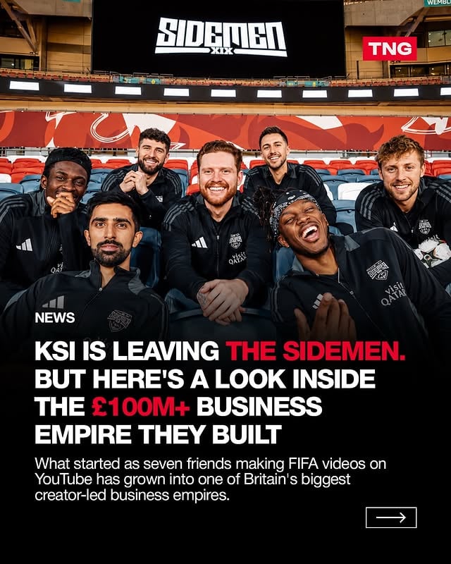 📊 What started as seven friends making YouTube content has evolved into one of Britain’s most successful creator-led businesses.The Sidemen now own brands spanning fast food, fashion, subscriptions, consumer goods and venture capital. Sides generates £1M+ a week in sales, Side+ has attracted over 1 million paying subscribers, and Sidemen Clothing has surpassed £60M in lifetime sales.They’ve also launched XIX Vodka, Best cereal and a $25M venture fund backing early-stage startups.With KSI now announcing his departure, the group leaves behind a business empire worth well over £100M built far beyond YouTube. by @thenumbersgame1