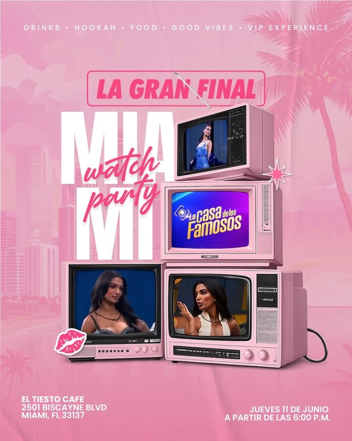 Mi Team Celinee de Estados Unidos, ¡ya tenemos nuestros Watch Parties oficiales para la gran final! 👑🩷🇺🇸

  𝐍𝐄𝐖 𝐘𝐎𝐑𝐊 🗽
📍 @brasier.202 
🕓 Desde las 4:00 PM
🍹 Sangrías, mimosas y brunch
📲 Reservaciones: 917-213-4117 
@julyroszx 

  𝐌𝐈𝐀𝐌𝐈 ☀️
📍 @eltiesto.miami 
🕖 Desde las 7:00 PM
🍸 Drinks, food, hookah y ambiente VIP
📲 Reservaciones: 305-639-8096
@yosoysallyoficial 

Me emociona muchísimo saber que podrán vivir juntos este último paso del camino. Reúnan a sus amigos, hagan sus reservaciones con tiempo y acompáñenos en la noche más importante de esta aventura. 🙏🏻👑

¡Nos vemos en la gran final! 🩷

#TeamCelinee #LCDLF6 #CelineeGanadora