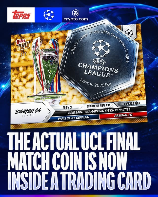 The official Match Coin delivered by @theofficialac3 to the 2026 Final is now a one-of-one @toppsfc trading card, authenticated on Cronos blockchain as a digital collectible by @cryptocomofficial 🪙🌟Own a piece of history, available on Topps Now 🏆#UCLcardshowcase