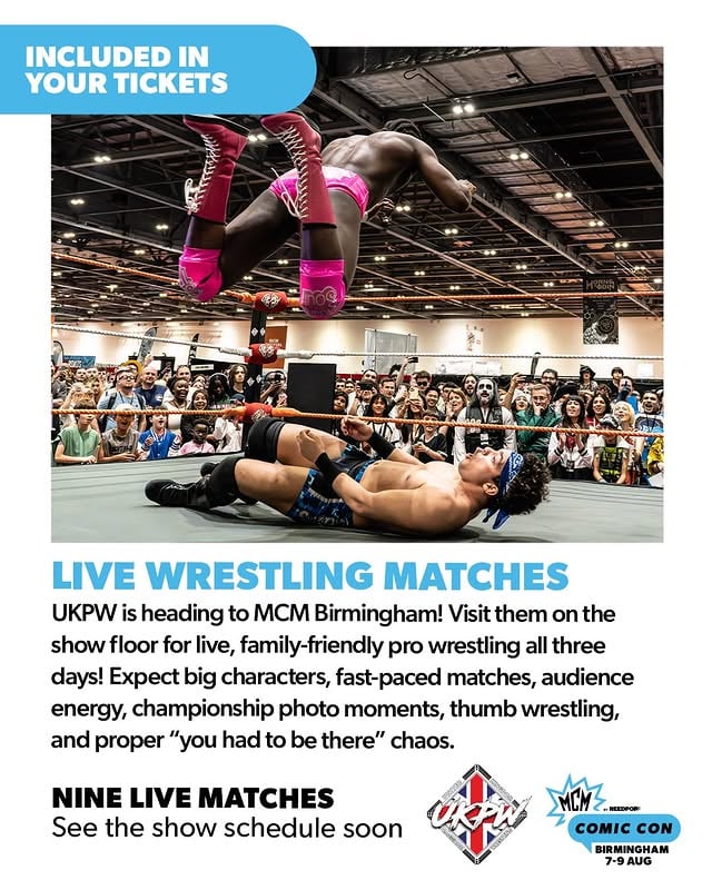 Live wrestling is heading to MCM Birmingham 💪Visit them on the show floor for live, family-friendly pro wrestling all three days! Expect big characters, fast-paced matches, audience energy, championship photo moments, thumb wrestling, and proper "you had to be there" chaos.Buy MCM Birmingham tickets (link in bio) by @mcmcomiccon