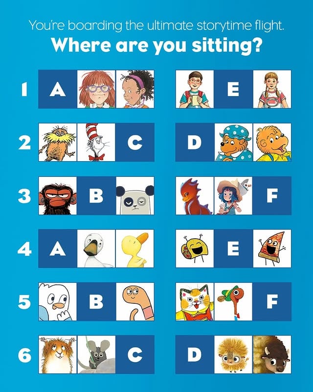 No wrong answers here ✈️ 1️⃣ B: Junie B. from the Junie B. Jones series by Barbara Park 1️⃣ C: That Grace from the Junie B. Jones series by Barbara Park 1️⃣ D: Annie from The Magic Tree House series by @mary_pope_osborne 1️⃣ F: Jack from The Magic Tree House series by @mary_pope_osborne 2️⃣ A: The Lorax from @drseuss’s The Lorax. 2️⃣ B: The Cat in the Hat from @drseuss’s The Cat in the Hat 2️⃣ E: Mama Bear from The @berenstainbears 2️⃣ F: Papa Q. Bear from The @berenstainbears 3️⃣ A: Jim Panzee from the Grumpy Monkey series by Suzanne Lang, illustrated by @maxtobiaslang 3️⃣ C: Panda from Bored Panda by @iammikebender, illustrated by @chuckdillon 3️⃣ D: Ember from The Bakery Dragon series by @devinellekurtz 3️⃣ E: Blue from the Witchycakes series by @karalareau, illustrated by @arimora.art 4️⃣ B: Goose from the Duck & Goose series by @tadhills1 4️⃣ C: Duck from the Duck & Goose series by @tadhills1 4️⃣ D: Taco from the Pizza and Taco series by @stephenshaskan 4️⃣ F: Pizza from the Pizza and Taco series by @stephenshaskan 5️⃣ A: Earl from the Earl & Worm series by Greg Pizzoli 5️⃣ C: Worm from the Earl & Worm series by Greg Pizzoli 5️⃣ D: Huckle Cat from The Busy World of @richardscarrylove 5️⃣ E: Lowly Worm from The Busy World of @richardscarrylove 6️⃣ A: Little Critter from the Little Critter series by @mercer_mayer 6️⃣ B: Frederick from the world of @leolionniofficial 6️⃣ E: Puffalo from the Buffalo Fluffalo series by @bessbellkalb, illustrated by @erin_kraan 6️⃣ F: Buffalo Fluffalo from the Buffalo Fluffalo series by @bessbellkalb, illustrated by @erin_kraan by @randomhousekids