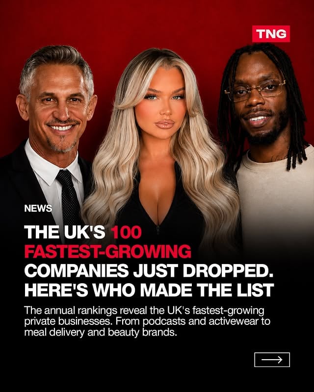 📊 The UK’s 100 fastest-growing companies just dropped and they reveal where the real money is being made in 2026 🤯From podcast empires and activewear giants to viral beauty brands, food chains and creator-led businesses, this year’s list highlights how fast UK startups are scaling across consumer, media and wellness.Swipe to see some notable names! Via @thetimes by @thenumbersgame1