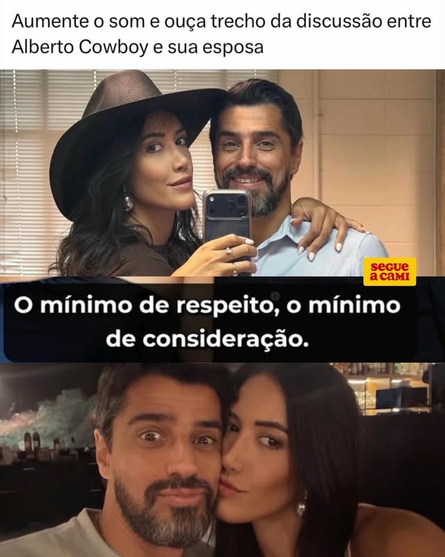 O jornalista @lucaspasin divulgou um áudio de uma discussão entre Alberto Cowboy e sua esposa, Priscilla Monroy. Além da gravação, também circula um vídeo que mostra os dois discutindo no corredor do hotel onde estavam hospedados para um evento.

“É o mínimo que eu cobro e você não está me dando. O mínimo. Respeito é o mínimo, e consideração de me deixar falar […] Você é muito machista”, disse Priscilla em um dos momentos da discussão.

(Imagens/reprodução: @lucaspasin | @metropoles)