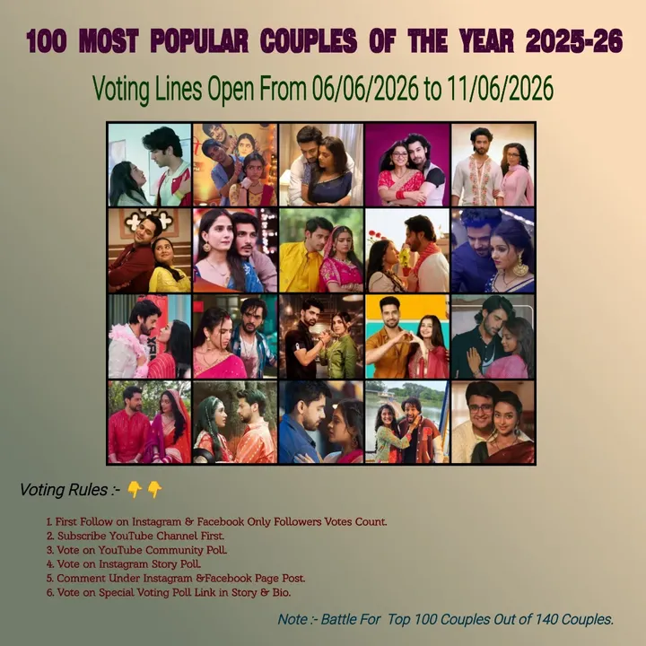 Vote Now 🔥❣️❤️👇 100 Most Popular Couples of The Year 2025-26 First Follow Then Vote ❤️👍 #Indian_tvcouple Read Rules in Post & Follow Strictly 👍 Yug-Tanvi Lala-Kishori KuhuRaj Ruhar divyaprem radhyapratham #IshRaj #Rimeer #Ruhar #prirud by @indian__tvcouple