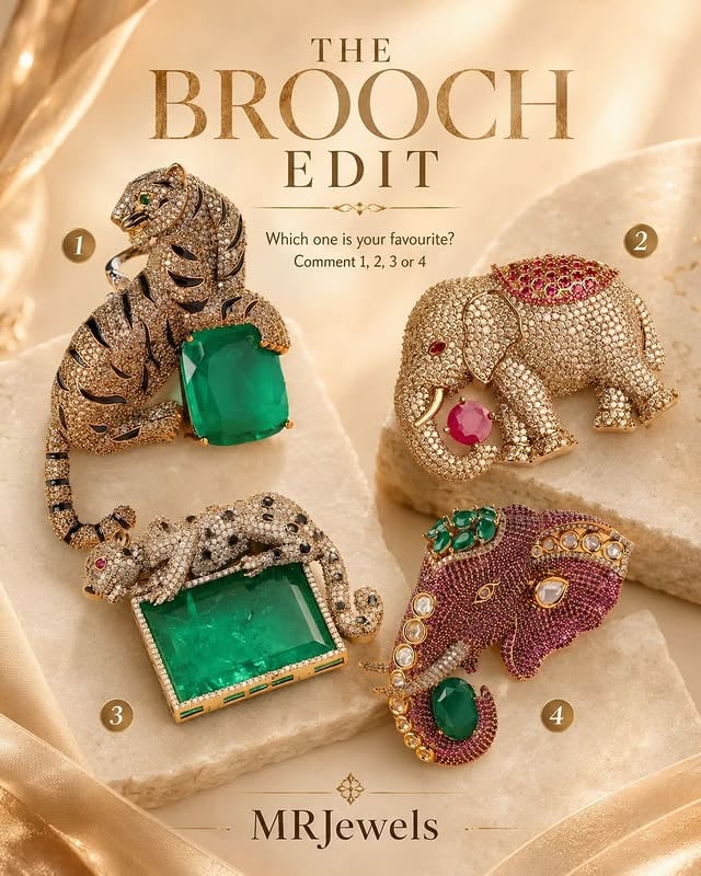 The Brooch Edit ✨A little wild, a little royal — brooches made to turn every outfit into a statement.Which one has your heart?Comment 1, 2, 3 or 4 💛#MRJewels #TheBroochEdit #LuxuryBrooch #StatementJewellery #royaljewellery by @mrjewels100