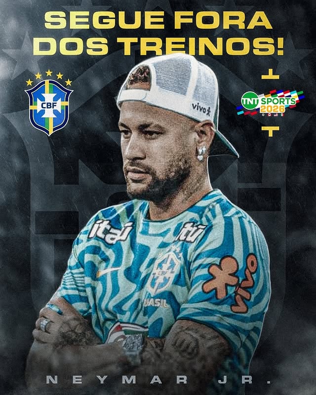 SEGUE FORA DOS TREINOS! ❌🇧🇷 Novos exames em Neymar apontaram que o jogador apresentou melhoria no quadro da lesão, mas ainda não foi liberado para voltar a treinar em campo com a Seleção nesta segunda. #FutebolBrasileiro #SeleçãoBrasileira #TNTSports2026