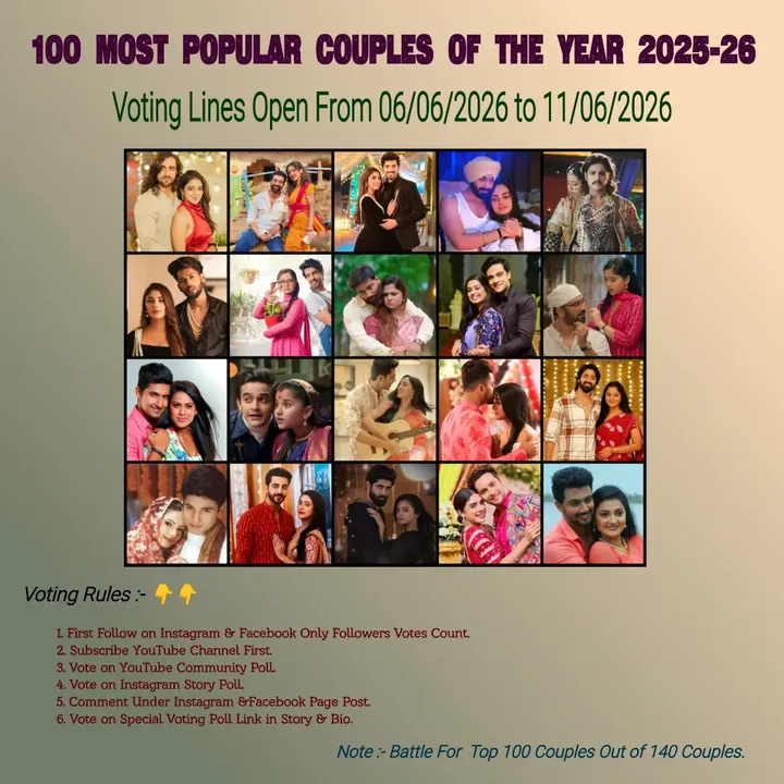 Vote Now 🔥❣️❤️👇 

100 Most Popular Couples of The Year 2025-26 

First Follow Then Vote ❤️👍 

#Indian_tvcouple 

Read Rules in Post & Follow Strictly 👍 

#anuarya #Riansh #Avneil #Runak