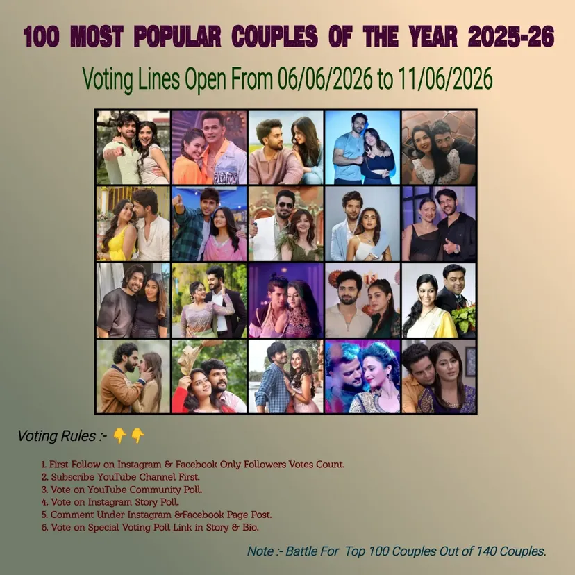Vote Now 🔥❣️❤️👇 100 Most Popular Couples of The Year 2025-26 First Follow Then Vote ❤️👍 #Indian_tvcouple Read Rules in Post & Follow Strictly 👍 #TejRan #Jasly #JanVish #Farmaal by @indian__tvcouple