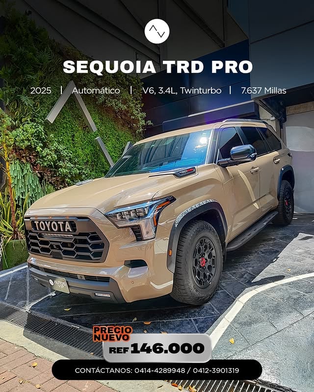 ¡Precio nuevo!➡️ Toyota Sequoia TRD Pro 2025 - REF 146.000✅ Disponible en #AutosVIPEl máximo exponente de fuerza, lujo y capacidad todoterreno que no conoce fronteras.Esta #SequoiaTRDPro destaca por su imponente presencia y la potencia inigualable de su motor TwinTurbo. Es la unidad perfecta para quienes buscan el máximo nivel de equipamiento de Toyota, espacio para toda la familia y un desempeño dominante en cualquier escenario.✔️ Motor: V6 3.4L TwinTurbo ⚙️ Transmisión: Automático ⛽ Combustible: Gasolina 🎨 Color: Marrón 🌎 Procedencia: Estados Unidos📲 Escríbenos por DM o WhatsApp (0414-4289948 / 0412-3901319) para más información. #ElevaTusExpectativas#AVIPSequoia by @autosvip