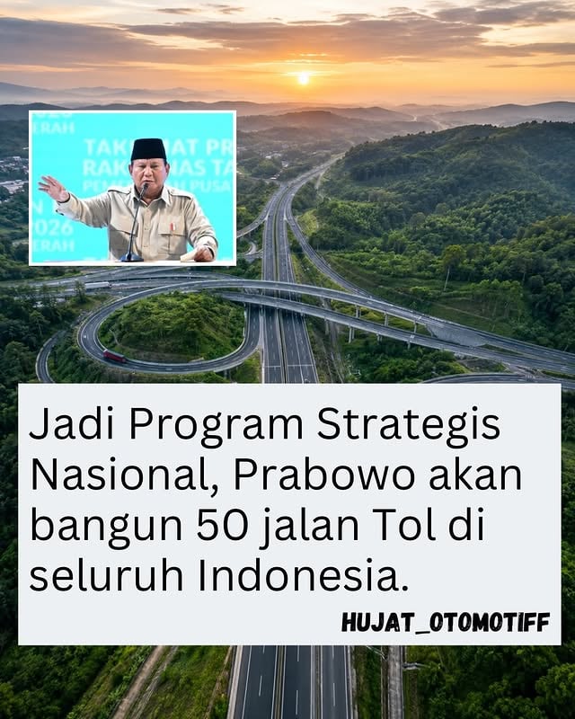 yang ini kita full support pak 🫡

walaupun benerapa ada yang udah jadi, yuk yang lain dikebut biar cepet selesai 👍🏻 

Pemerintahan Presiden Prabowo Subianto akan membangun sejumlah ruas jalan tol yang telah masuk dalam daftar Proyek Strategis Nasional. Daftar jalan tol yang akan dibangun ini tercantum dalam Peraturan Menteri Koordinator Bidang Perekonomian Nomor 16 Tahun 2025. 

Selain pembangunan jalan baru, pemerintah juga mengarahkan anggaran untuk peningkatan kapasitas dan pemeliharaan jalan yang sudah ada. Upaya ini dinilai penting untuk menjaga konektivitas antarwilayah, terutama di jalur logistik utama yang menjadi penopang distribusi barang dan mobilitas masyarakat.

sc : @cnbcindonesia