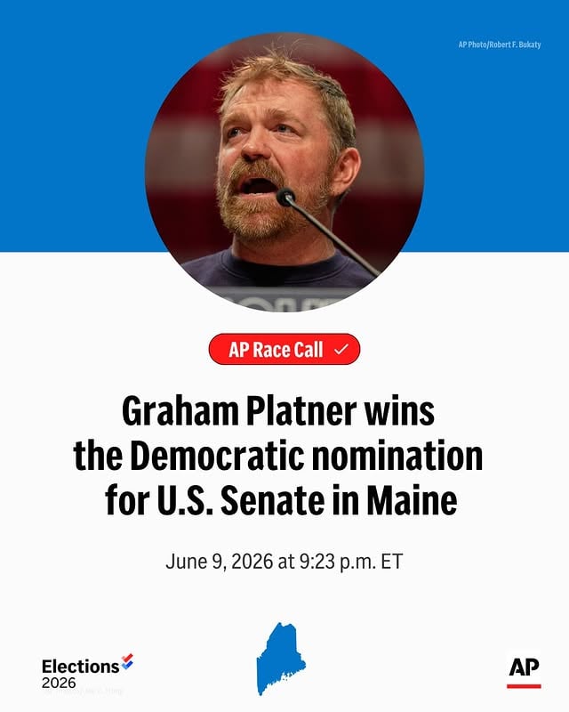 Graham Platner won the Maine Democratic primary for U.S. Senate on Tuesday, setting up a high-stakes race against Republican Sen. Susan Collins.

Platner, an oyster farmer and former chair of the planning board in the small town of Sullivan, has little political experience but has drawn hundreds of people to rallies around the state. He has also faced a string of controversies that have been the focus of attacks from his rivals.

Democrats see Maine as a top opportunity to flip a GOP-held seat.

Read more at the link in our bio.

#APPhoto by Robert F. Bukaty